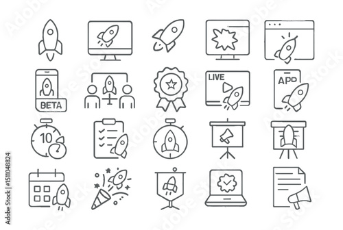 Line style icons of marketing product and service launch: rocket icon, launch screen, campaign launch, new feature icon, soft launch, product intro, release badge, go live, countdown icon, launch