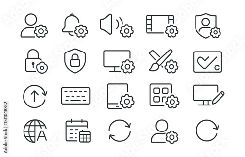 Line style icons of settings and remote configuration: user preferences, notification settings, audio setup, video settings, profile settings, permissions icon, privacy config, screen settings,