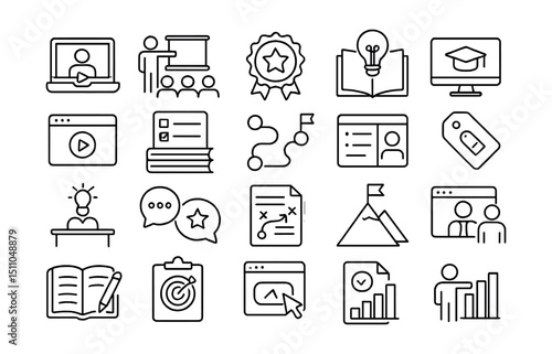 Line style icons of learning and development: online course, training session, certificate badge, knowledge base, e-learning icon, tutorial video, reading list, learning path, course module, skill