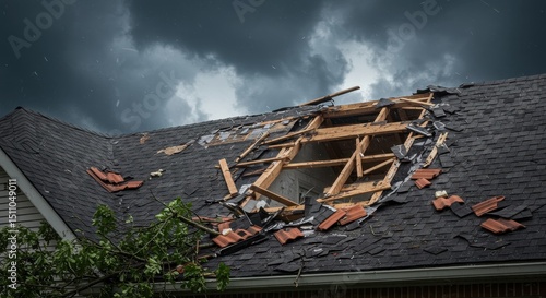Heavy storm has caused significant damage to the roof of a house, exposing the interior