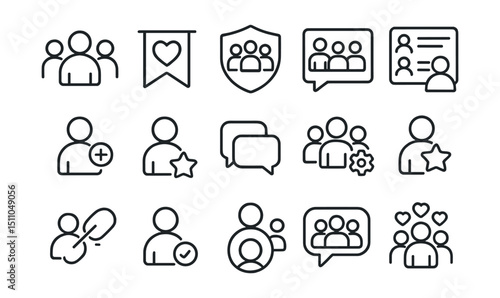 Line style icons of community and followers: user group, fan club, community badge, group post, members list, follower type, top fan icon, comment thread, group settings, admin badge, invite link,
