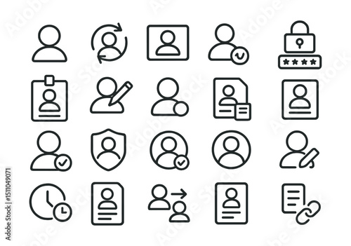 Line style icons of profile and user identity: profile icon, update profile, profile photo, contact field, change password, user badge, profile edit, online avatar, role tag, user credentials, email