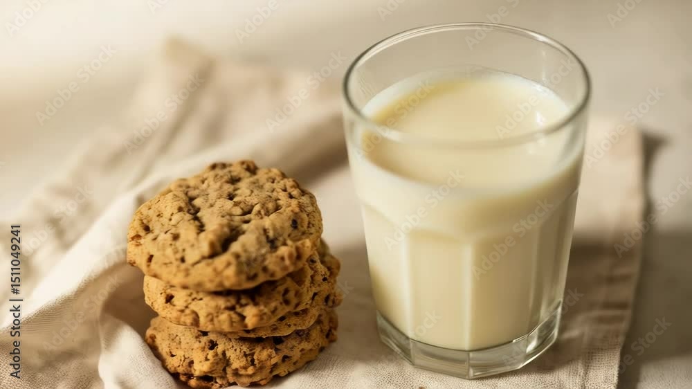 Cookies and Milk. A delicious and comforting stack of three homemade oatmeal cookies arranged next to a glass of creamy milk, resting on a white linen napkin. Cookies and Milk. A delicious and comforting stack of three homemade oatmeal cookies arranged next to a glass of creamy milk, resting on a white linen napkin.