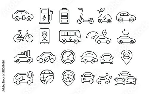 Line style icons of smart and electric transport: EV charging, charging station, battery level, electric scooter, eco car, electric bike, smart transport app, electric bus, fast charge, vehicle data,