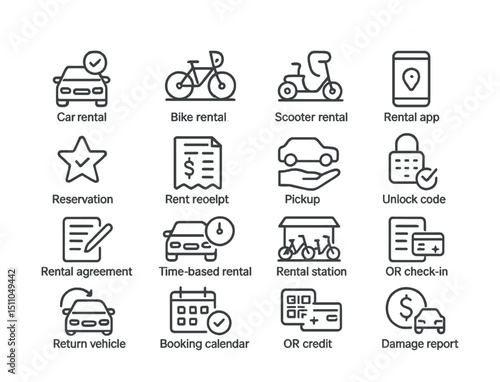 Line style icons of rental and vehicle services: car rental, bike rental, scooter rental, rental app, reservation badge, rent receipt, pickup icon, drop-off icon, rental agreement, time-based rental,