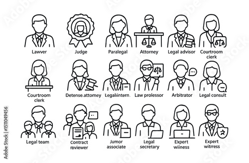 Line style icons of legal professionals and roles: lawyer icon, judge badge, paralegal icon, attorney desk, legal advisor, courtroom clerk, prosecutor icon, defense attorney, legal intern, barrister