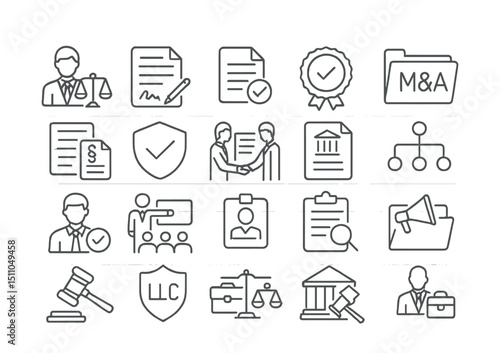 Line style icons of corporate law and governance: corporate lawyer, business contract, board resolution, corporate seal, M&A file, company bylaws, legal compliance, shareholder agreement, corporate