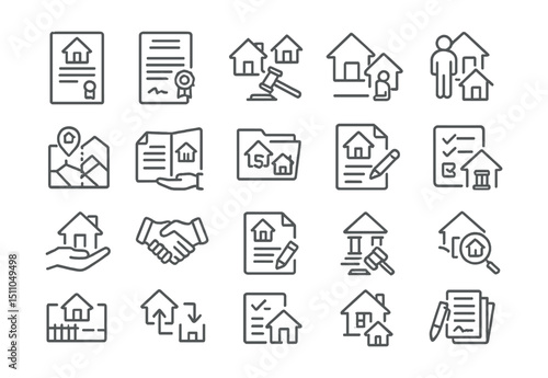 Line style icons of real estate and property law: property deed, lease agreement, property dispute, eviction notice, zoning law, land registry, mortgage file, title search, tenant rights, landlord