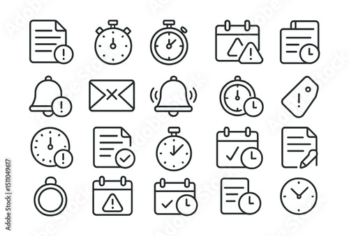 Line style icons of deadlines and reminders: assignment deadline, countdown clock, exam timer, due date icon, alert badge, overdue notice, reminder ping, deadline calendar, time alert, submission
