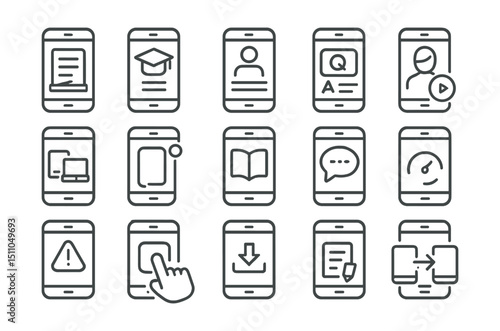 Line style icons of mobile learning and access: mobile course, education app, lesson on phone, mobile quiz, video lecture icon, responsive lesson, learning notification, mobile book, mobile chat icon