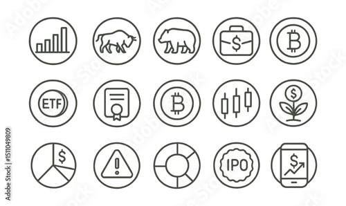 Line style icons of round investment and stocks: round stock chart, round bullish icon, round bearish icon, round stock portfolio, round ETF icon, round bonds icon, round crypto coin, round