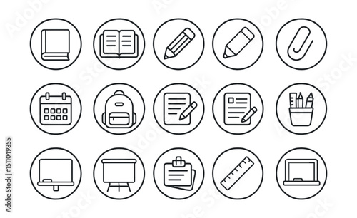 Line style icons of round education tools: round book icon, round open notebook, round pencil circle, round highlighter icon, round paperclip, round calendar class, round backpack icon, round lesson