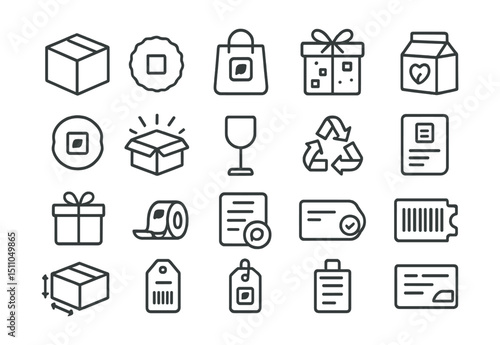 Line style icons of product packaging and branding: product box, custom label, branded packaging, package wrap, eco-friendly pack, brand sticker, unboxing icon, fragile badge, recyclable symbol,