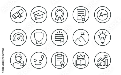 Line style icons of round academic success: round diploma icon, round graduation cap, round award ribbon, round honor roll, round GPA icon, round progress tracker, round certificate badge, round