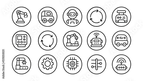 Line style icons of round robotics and automation: round robotic arm, round factory bot, round AI robot, round automation flow, round machine icon, round control panel, round process icon, round