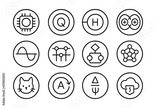 Line style icons of round quantum computing: round quantum chip, round qubit icon, round quantum gate, round entanglement icon, round superposition, round quantum circuit, round quantum algorithm,