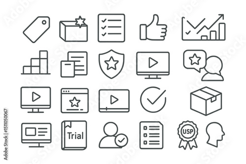 Line style icons of product and feature marketing: product tag, product highlight, feature list, benefit icon, comparison chart, product tier, product detail, feature badge, product demo, product