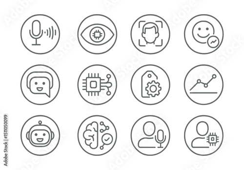 Line style icons of round AI-powered services: round voice AI, round image recognition, round face detection, round sentiment analysis, round chatbot reply, round recommendation engine, round