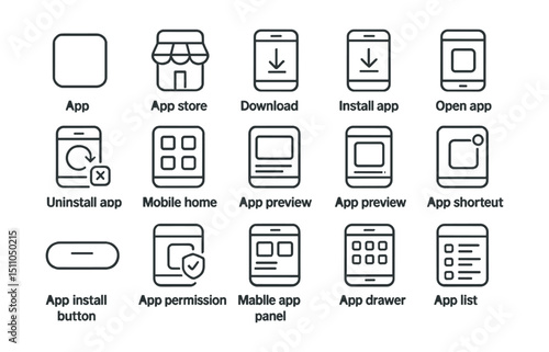 Line style icons of mobile app basics: app icon, app store, app download, install app, open app, app update, uninstall app, mobile home screen, app preview, app menu, app launcher, app folder, app