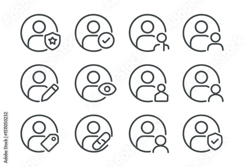 Line style icons of round user roles in systems: round super admin, round moderator role, round guest user, round contributor icon, round editor role, round viewer icon, round owner badge, round