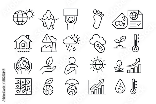 Line style icons of climate change and action: global warming, melting ice, climate strike, carbon footprint, climate report, sea level rise, emission alert, weather anomaly, CO2 tag, climate