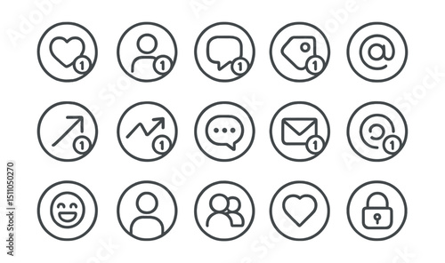 Line style icons of round social media alerts: round like alert, round follow ping, round comment alert, round tag icon, round mention bubble, round share alert, round trending post, round story