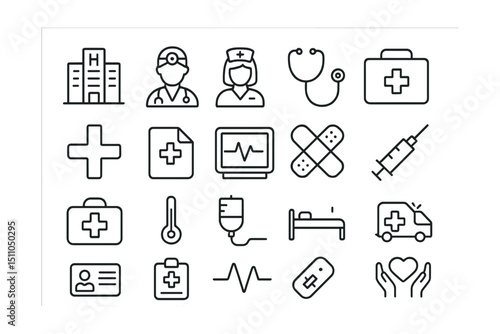 Line style icons of general healthcare symbols: hospital icon, doctor icon, nurse icon, stethoscope, first aid kit, health cross, medical file, heart rate monitor, bandage icon, syringe icon, medical