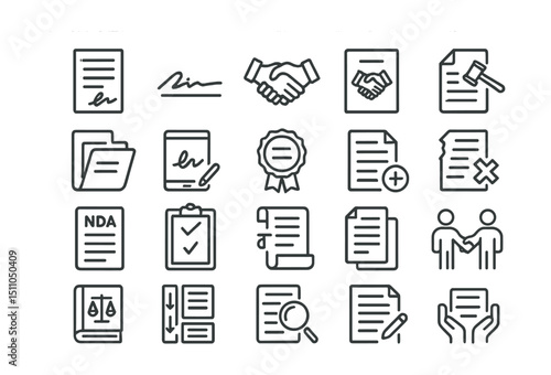 Line style icons of contracts and agreements: signed contract, signature line, handshake icon, agreement file, legal terms, contract folder, digital signature, agreement seal, amendment icon, breach