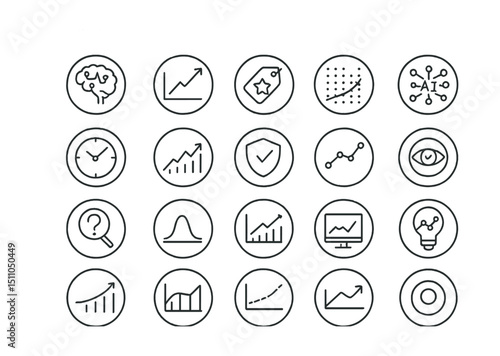 Line style icons of round predictive analytics: round AI forecast, round trend line, round prediction tag, round data pattern, round ML model, round time series, round future value, round predictive