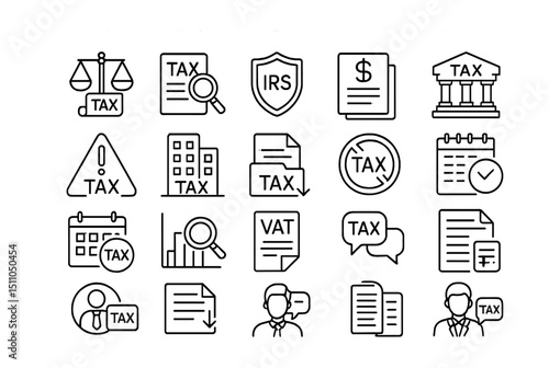 Line style icons of taxation and financial law: tax law icon, audit file, IRS badge, income declaration, tax return form, tax fraud alert, corporate tax, deduction file, tax exemption, financial
