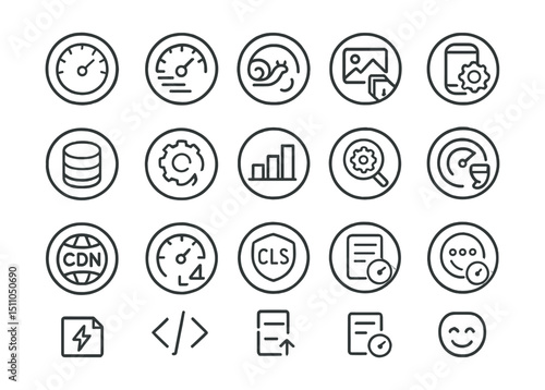 Line style icons of round web performance and speed: round speedometer icon, round fast load, round lazy load, round compressed image, round page weight, round cache icon, round async icon, round