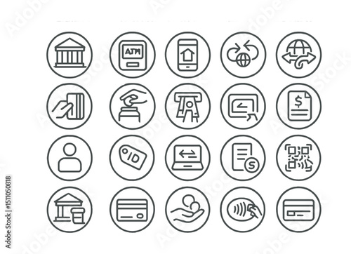 Line style icons of round banking and payments: round bank icon, round ATM icon, round mobile banking, round wire transfer, round card payment, round deposit icon, round withdrawal icon, round bank