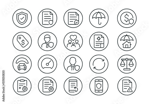 Line style icons of round insurance and risk: round insurance shield, round policy file, round claim form, round coverage icon, round premium icon, round deductible tag, round insured badge, round