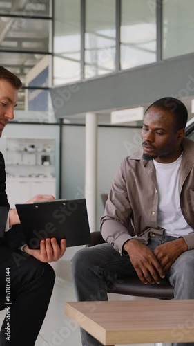Car salesman showing contract to african american couple