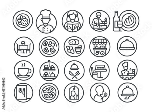 Line style icons of round food and culinary tourism: round local cuisine, round chef icon, round food tour, round cooking class, round wine icon, round bakery badge, round restaurant table, round