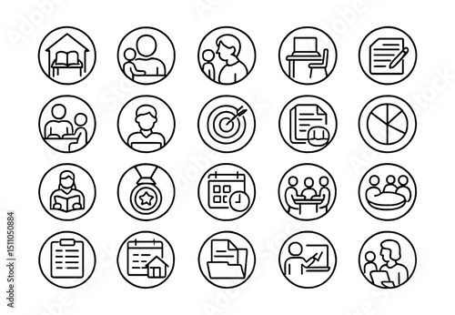 Line style icons of round homeschooling and tutoring: round home desk, round homeschool badge, round parent-teacher icon, round learning space, round custom curriculum, round tutoring session, round
