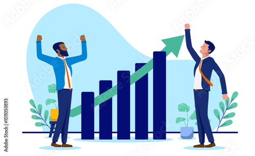 Businesspeople celebrate successful growth and increasing profits, depicted by an ascending bar chart and upward arrow, signifying financial prosperity. Flat design vector illustration