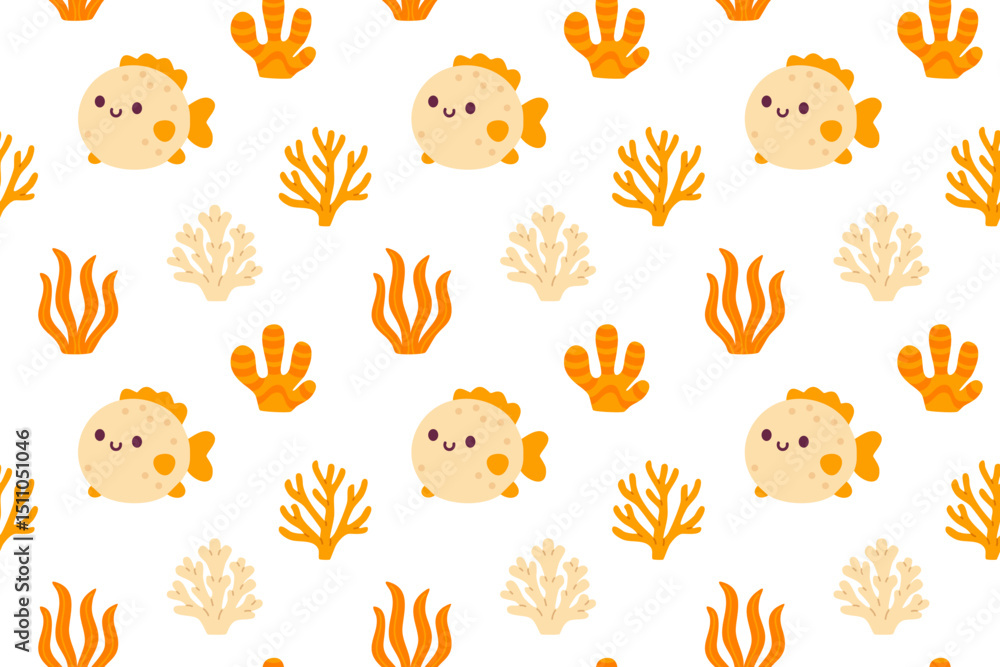 Fototapeta premium Cute beige pufferfish and seaweed elements arranged in a seamless ocean-themed pattern on white background