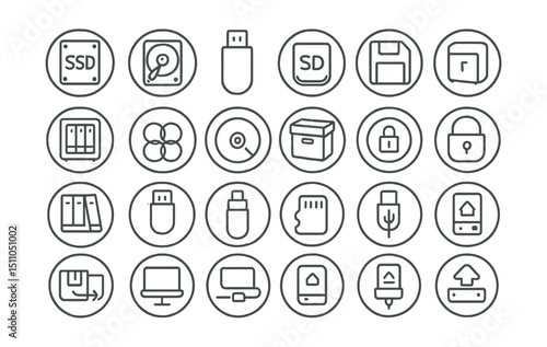 Line style icons of round storage devices and media: round SSD icon, round HDD icon, round USB drive, round SD card, round external drive, round NAS device, round RAID badge, round optical disk,