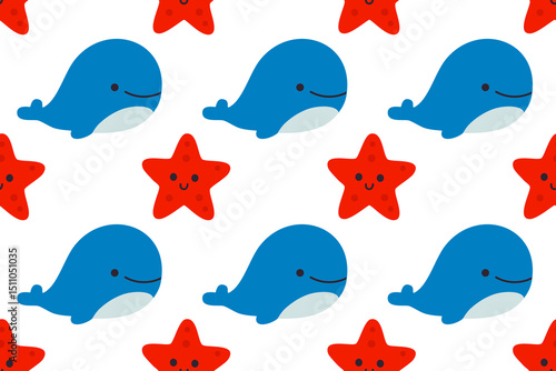 Blue whales and red starfish arranged in a seamless marine pattern on white background, suitable for playful kids’ designs