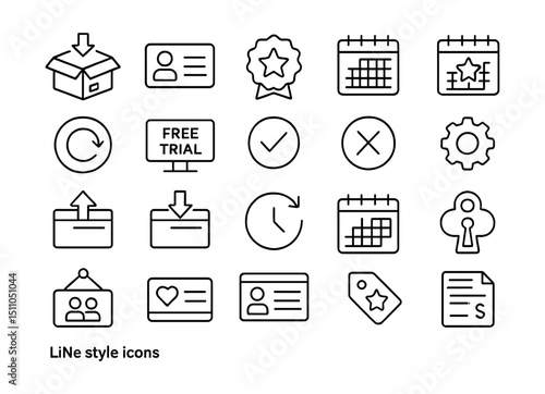 Line style icons of subscriptions and memberships: subscription box, membership card, premium badge, monthly plan, annual plan, auto-renew icon, free trial, subscription status, cancel subscription,