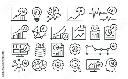 Line style icons of AI-powered analytics: trend prediction, data insight, visual analytics, anomaly detection, forecasting graph, behavioral pattern, KPI prediction, real-time report, dashboard AI,