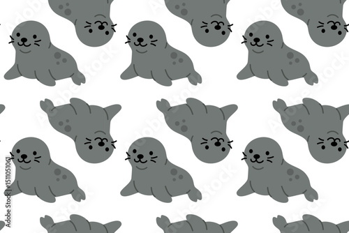 Gray seal seamless pattern with smiling faces and relaxed poses, ideal for marine-themed children’s illustrations