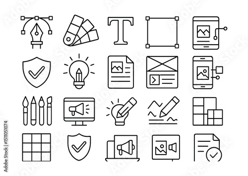 Line style icons of creative and graphic marketing: design tool, color palette, typography icon, layout frame, mockup icon, branding element, creative asset, design brief, wireframe icon, prototype