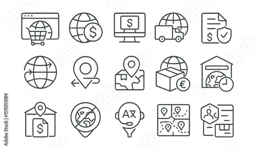 Line style icons of global and local shopping: international order, currency selector, regional pricing, global shipping, customs fee, language switch, location icon, worldwide delivery, domestic