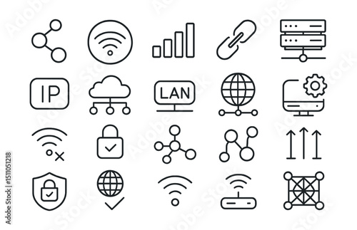 Line style icons of network and connectivity: network icon, wifi badge, signal strength, connectivity status, server icon, IP address, cloud network, LAN tag, internet access, network settings,