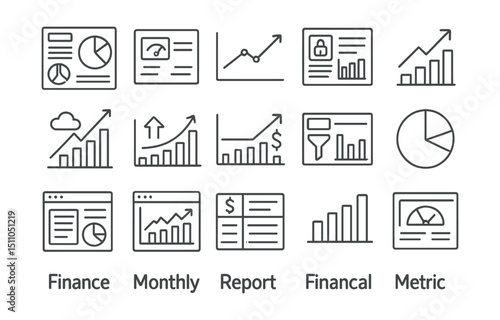 Line style icons of financial dashboards and reporting: finance dashboard, KPI widget, profit trend, spending tracker, revenue chart, forecast icon, cash flow graph, net income chart, dashboard