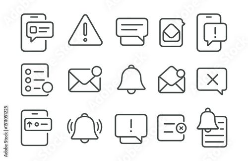 Line style icons of mobile notifications and alerts: push notification, alert icon, toast message, in-app alert, notification center, new message badge, alert bell, unread icon, alert sound,