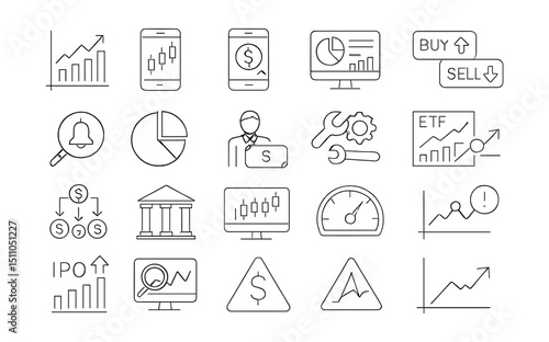 Line style icons of investment platforms and tools: stock chart icon, trading app, investment app, portfolio dashboard, buy/sell button, market watch, asset allocation, trading account, financial
