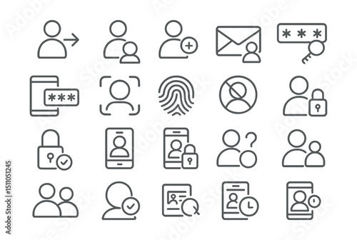 Line style icons of authentication and user access: login icon, logout icon, register user, email login, password input, two-factor icon, face ID, fingerprint icon, access denied, secure login,